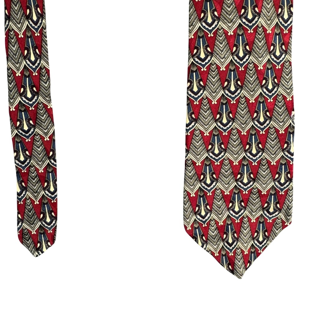 JG Hook Mens Silk Necktie Burgundy Navy Blue Geometric Art Deco Pattern USA Made